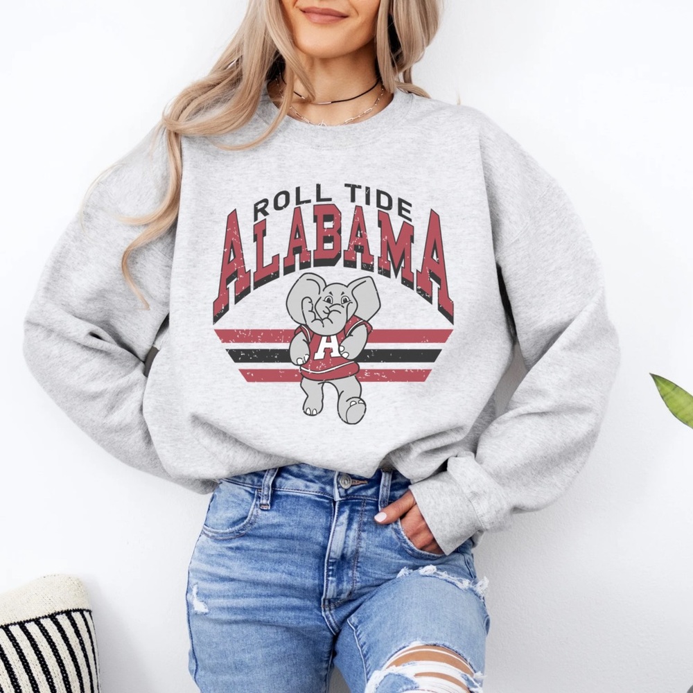 Retro / Vintage Style Alabama Crimson Tide Football Crewneck Sweater, Ash Grey